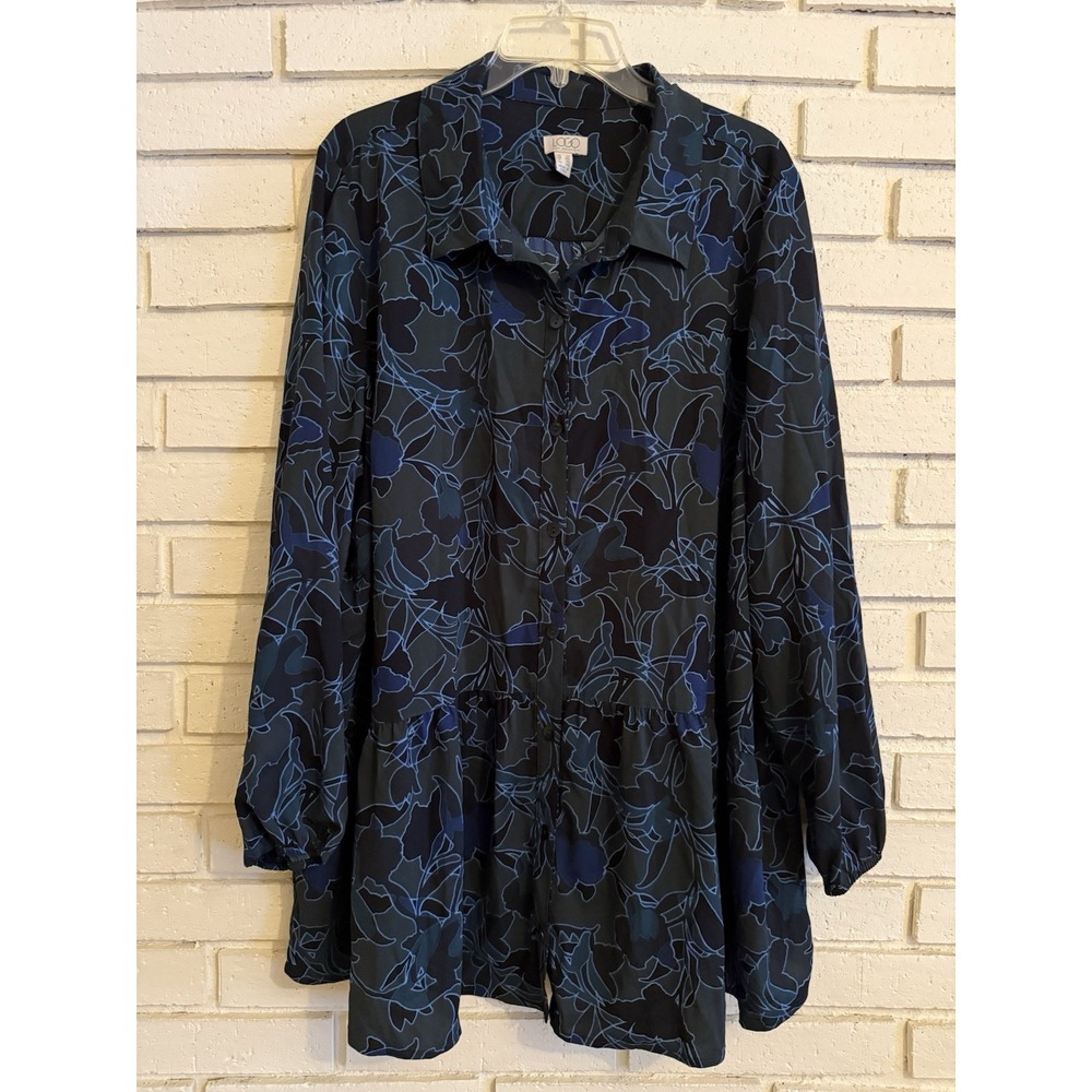LOGO by Lori Goldstein Stretch Woven Button Front Blouse Size 2X Blue Floral